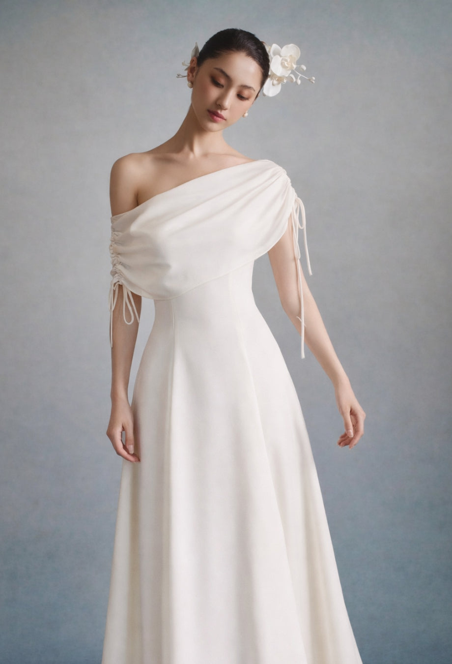 Lauren Ivory Satin Midi Dress, Simple Satin Wedding Dress, deesse blanche fashion