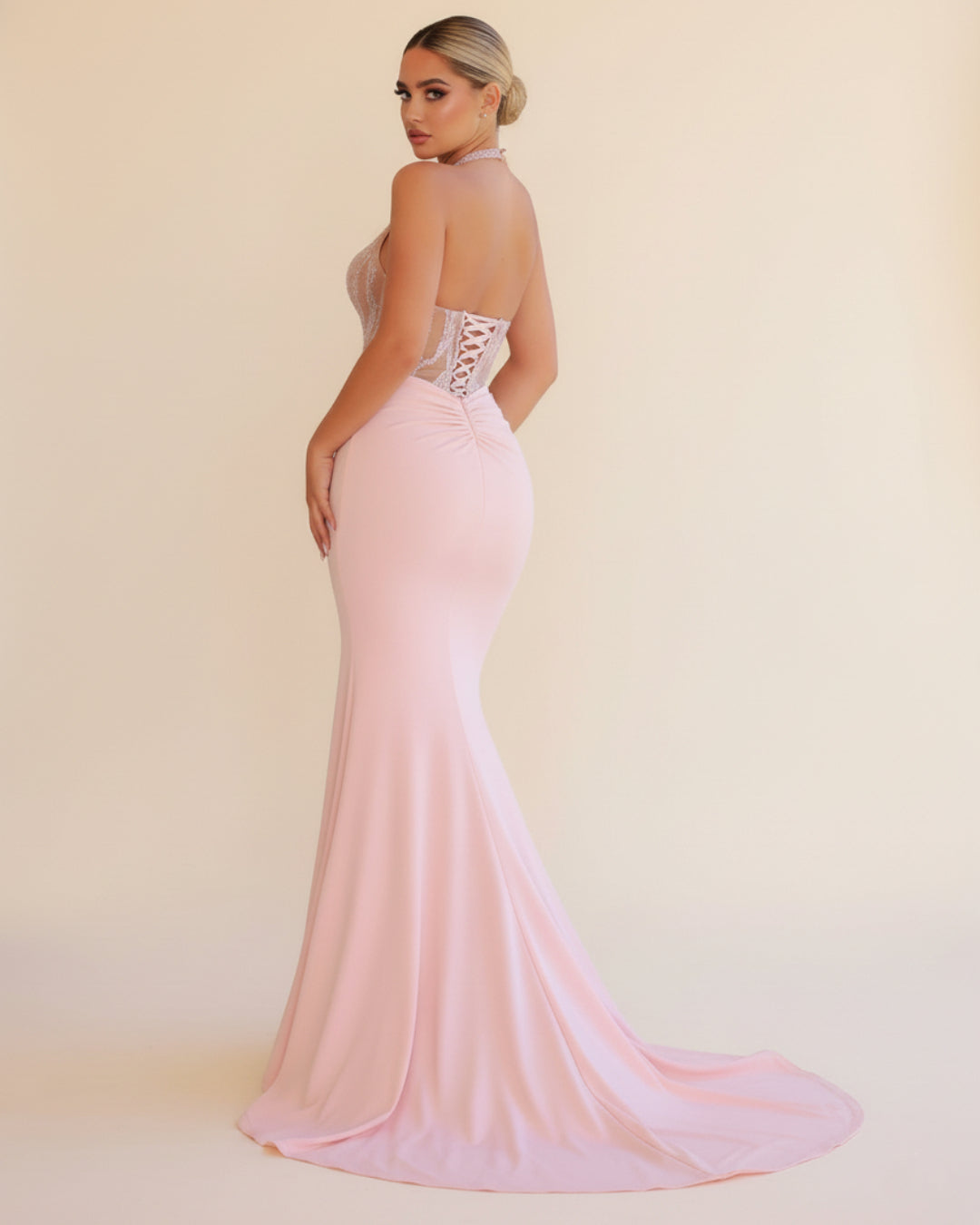 Leilani Maxi Dress in blush pink – elegant sequined rose pink evening gown