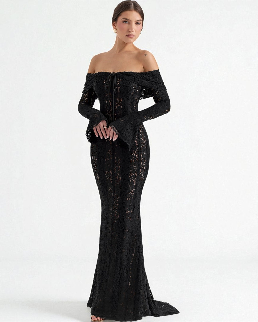 Black Off-Shoulder Lace Bodycon Maxi Dress, wedding guest dresses​, black maxi dress​, prom dresses​, prom dresses canada​, black prom dresses​