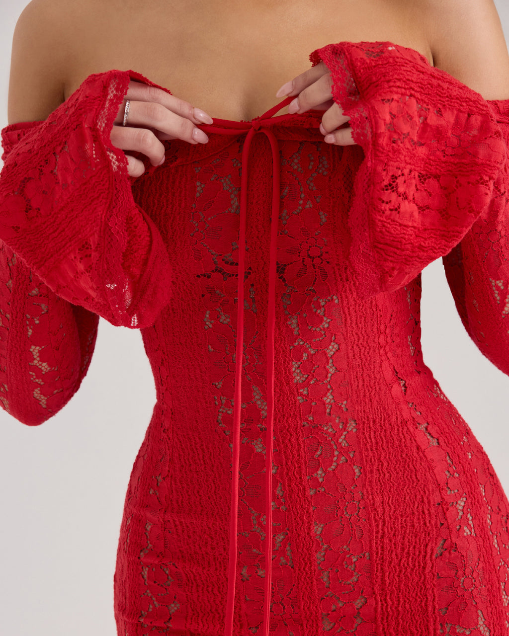 Lettie Off-Shoulder Lace Bodycon Maxi Dress, Red dress, graduation dress, party dresses, commencement dresses