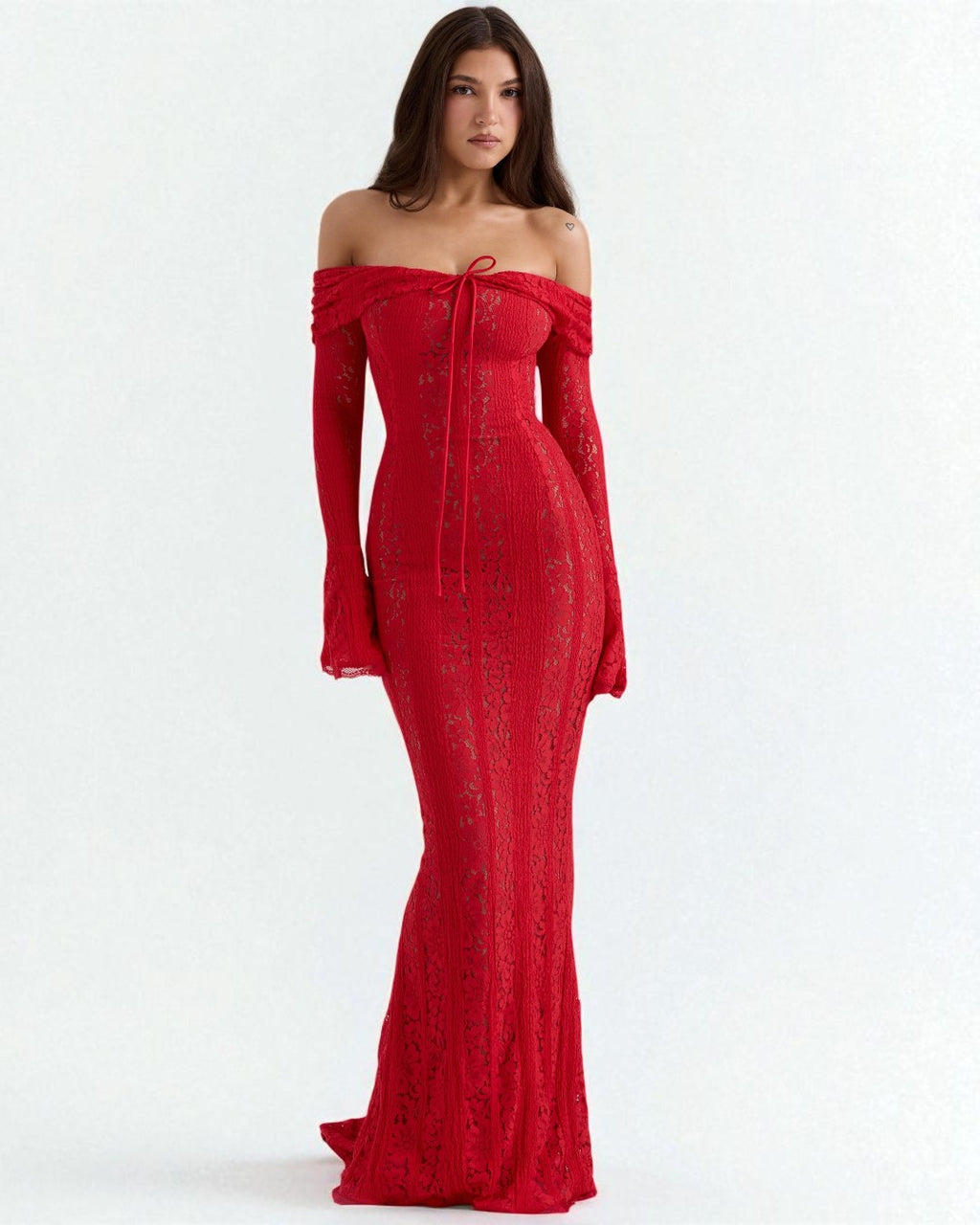 Lettie red off-shoulder lace bodycon maxi for wedding guests in vancouver