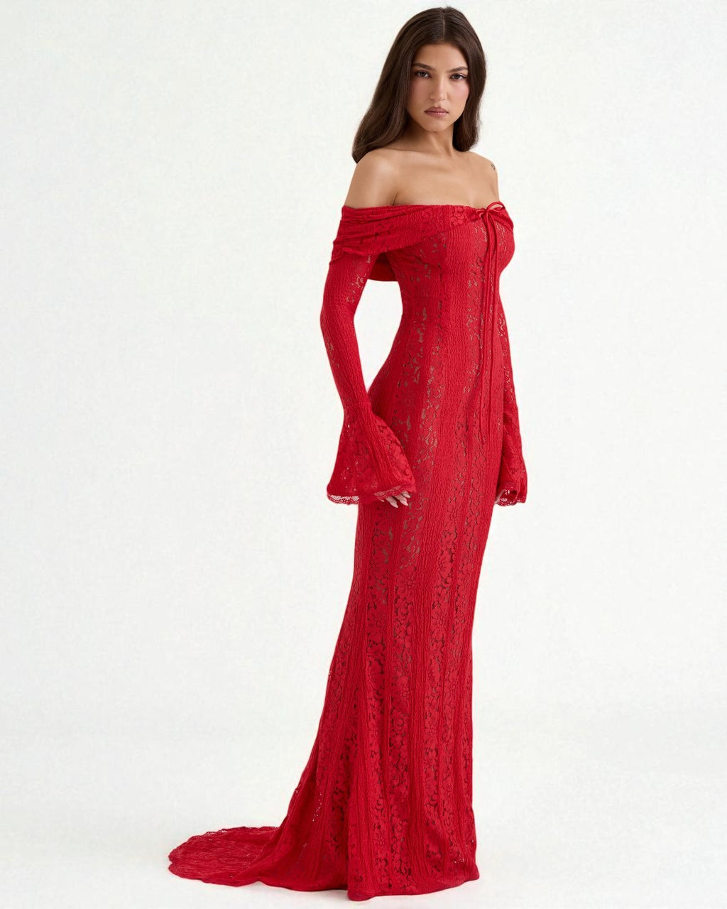 Lettie red off-shoulder lace bodycon maxi for wedding guests