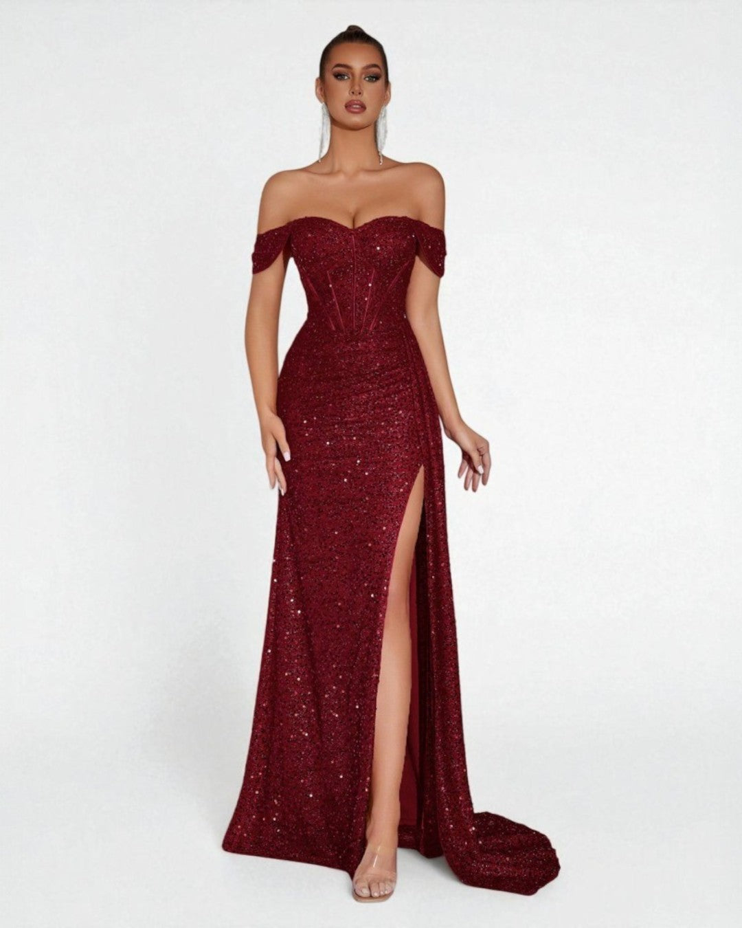 Lily Off-Shoulder Sparkle Maxi Dress – Burgundy