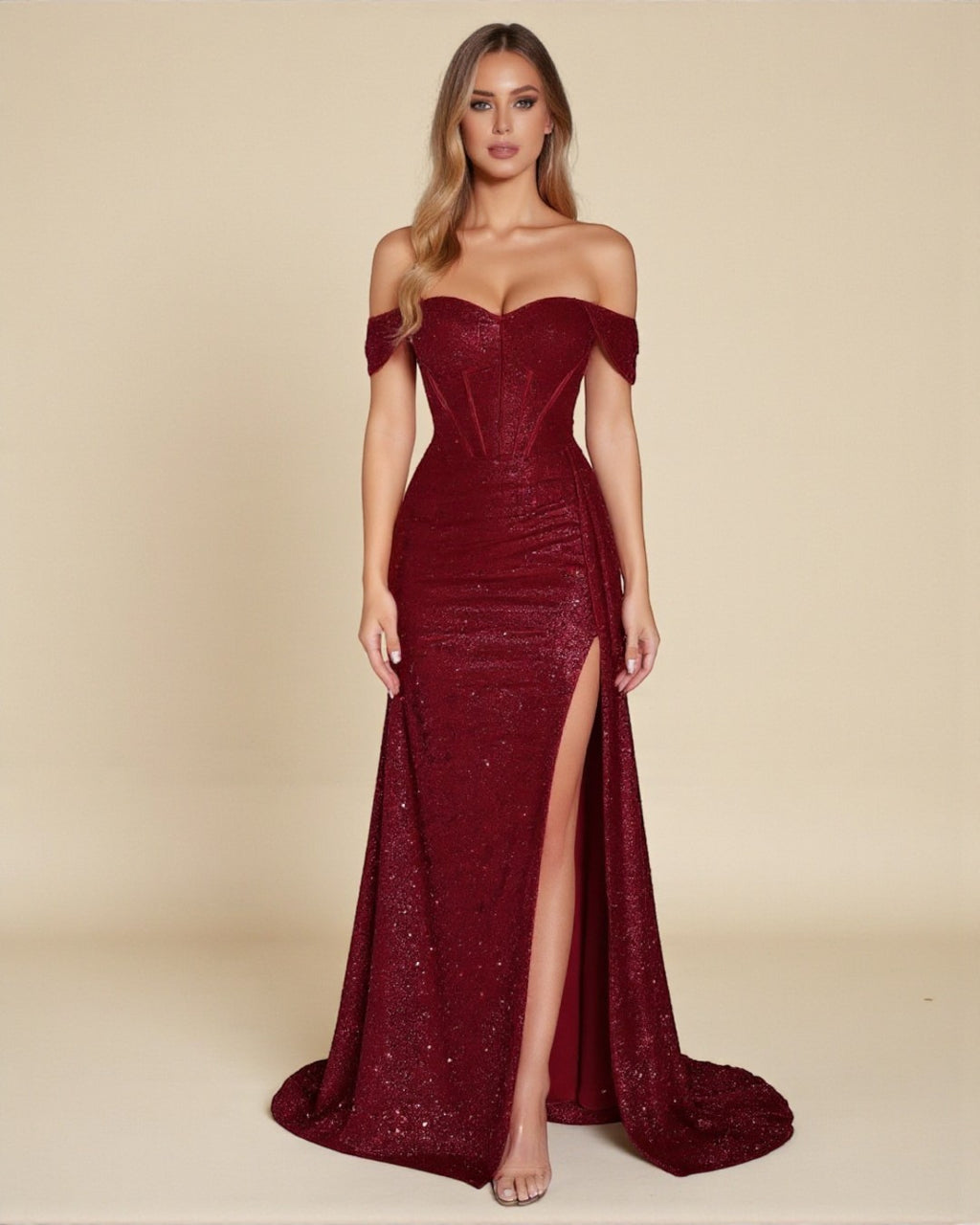 Lily Off-Shoulder Sparkle Maxi Dress – Burgundy