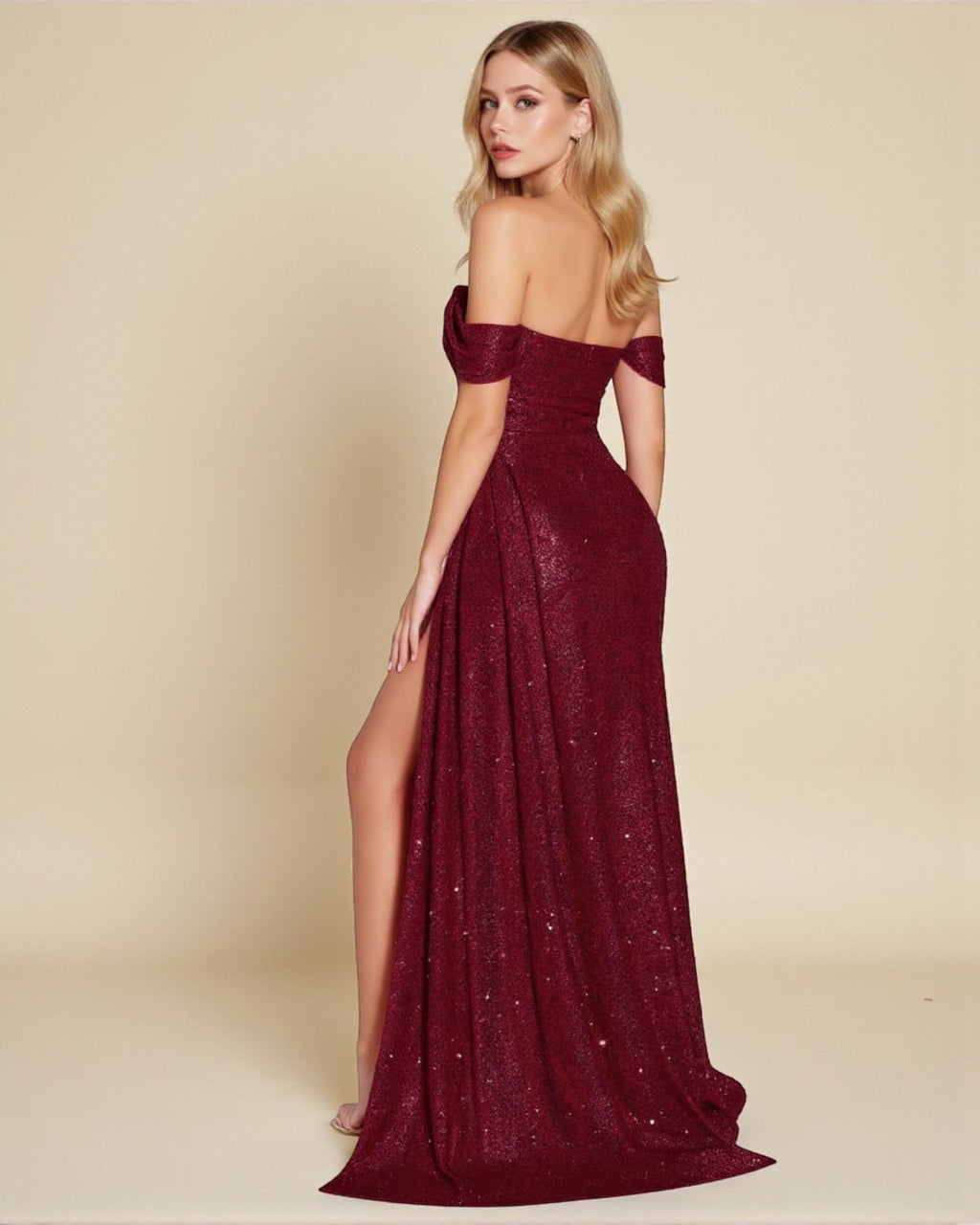 Lily Off-Shoulder Sparkle Maxi Dress – Burgundy