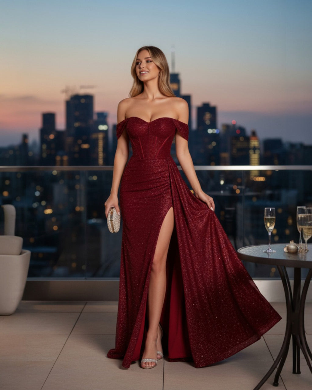 Lily Off-Shoulder Sparkle Maxi Dress – Burgundy
