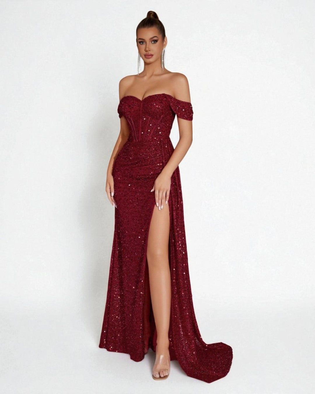 Lily Off-Shoulder Sparkle Maxi Dress – Burgundy