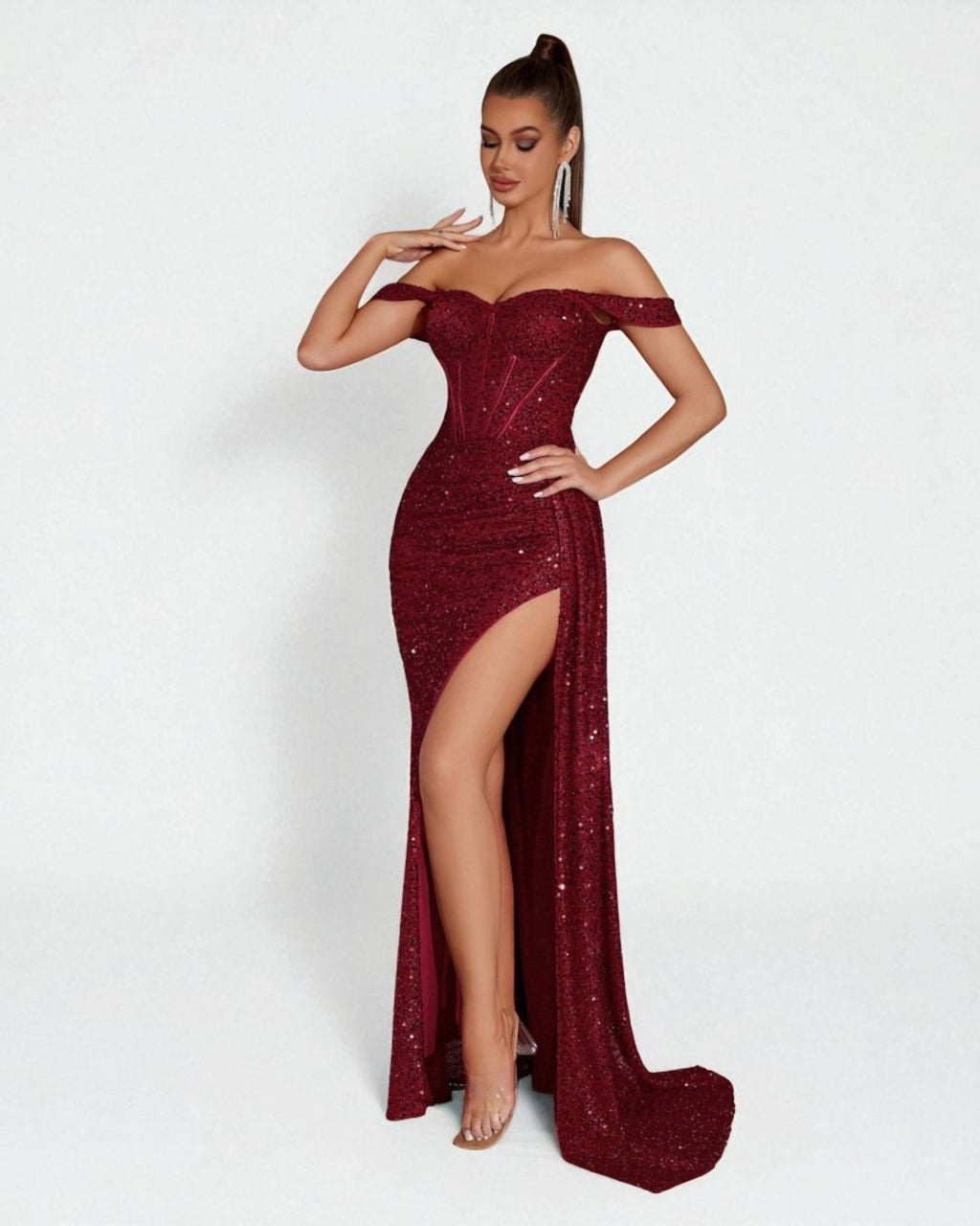 Lily Off-Shoulder Sparkle Maxi Dress – Burgundy