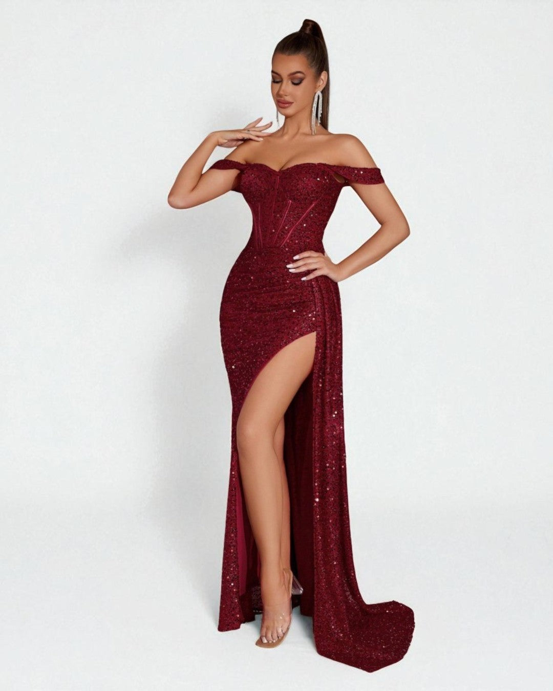 Lily Off-Shoulder Sparkle Maxi Dress – Burgundy