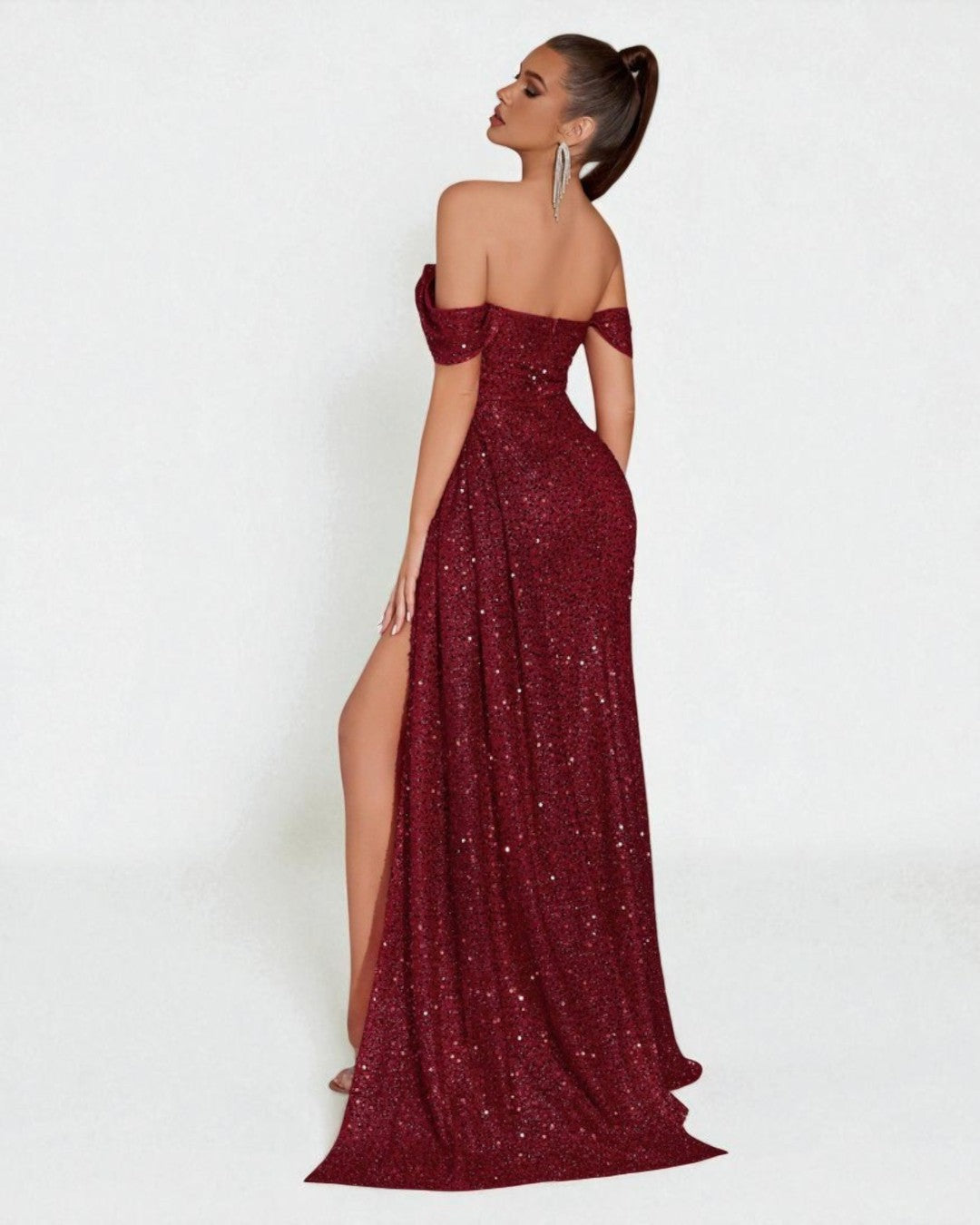 Lily Off-Shoulder Sparkle Maxi Dress – Burgundy