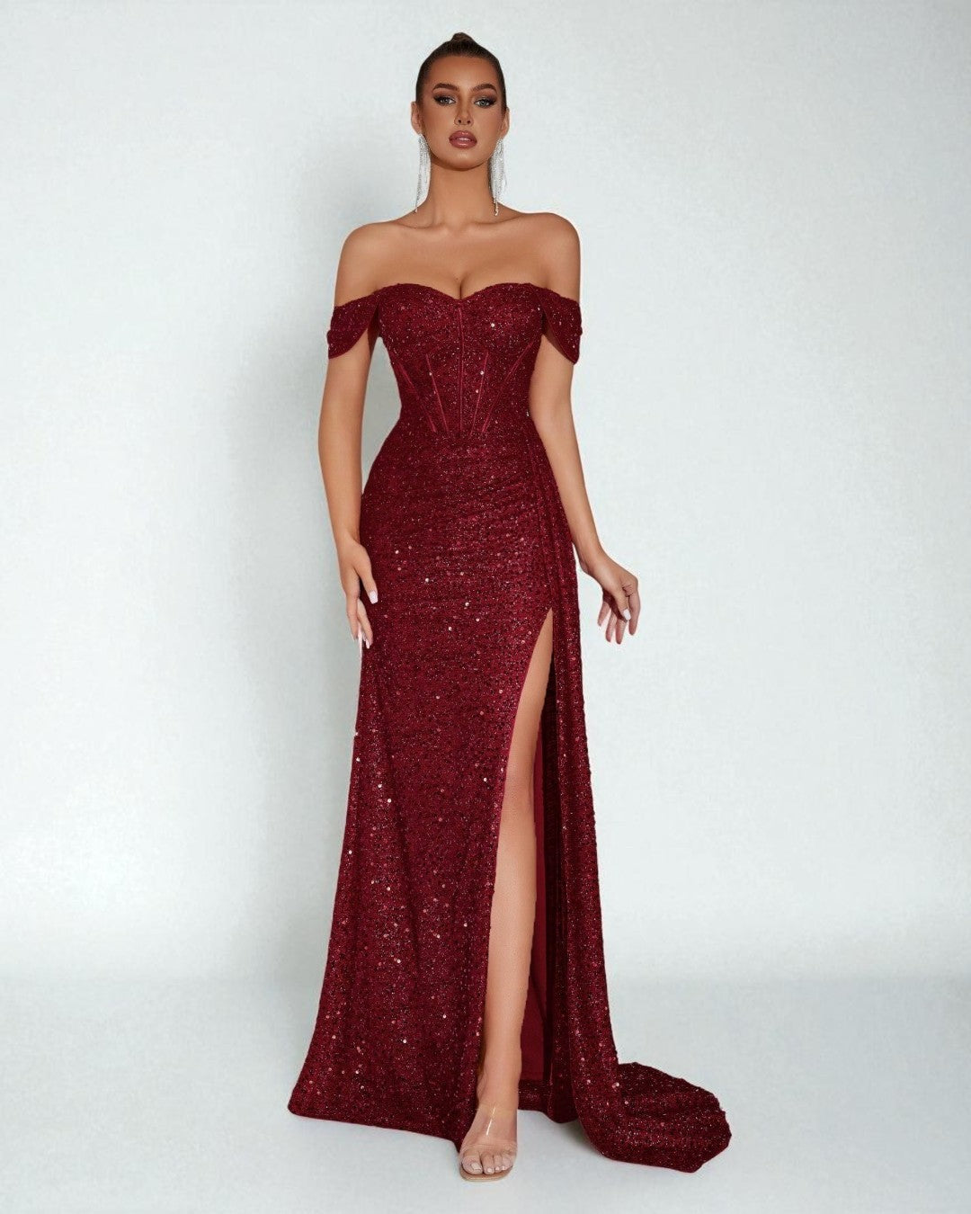 Lily Off-Shoulder Sparkle Maxi Dress – Burgundy