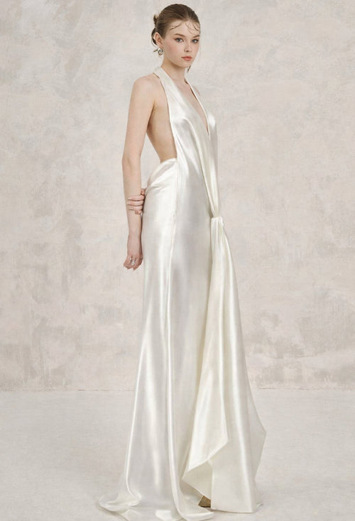 Linette Ivory Satin Gown, Formal Long Dress, satin prom dress, satin formal dress, satin backless dress