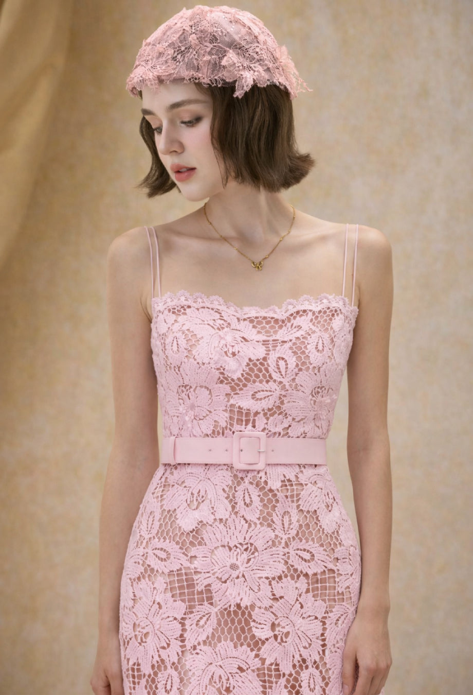 pink lace dress with belt for Wedding Guest YGroup_grayson-maxi Size:16½   36/37 Gabriela High Neck Tiered while the flowy silhouette