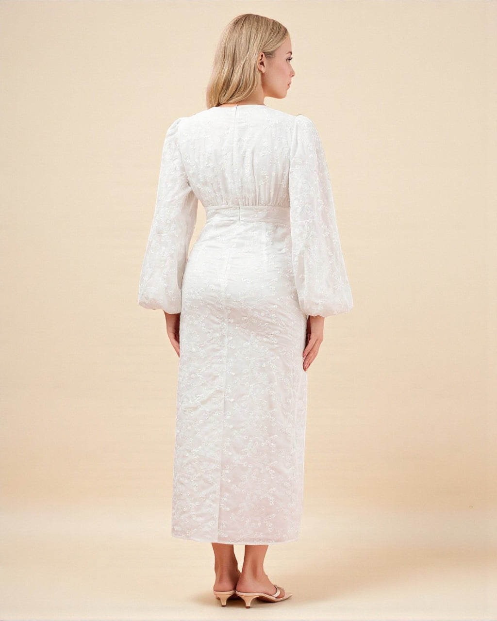 Long Sleeve Floral Embroidered Midi Dress - White