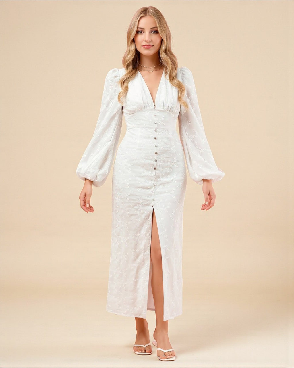 Long Sleeve Floral Embroidered Midi Dress - White
