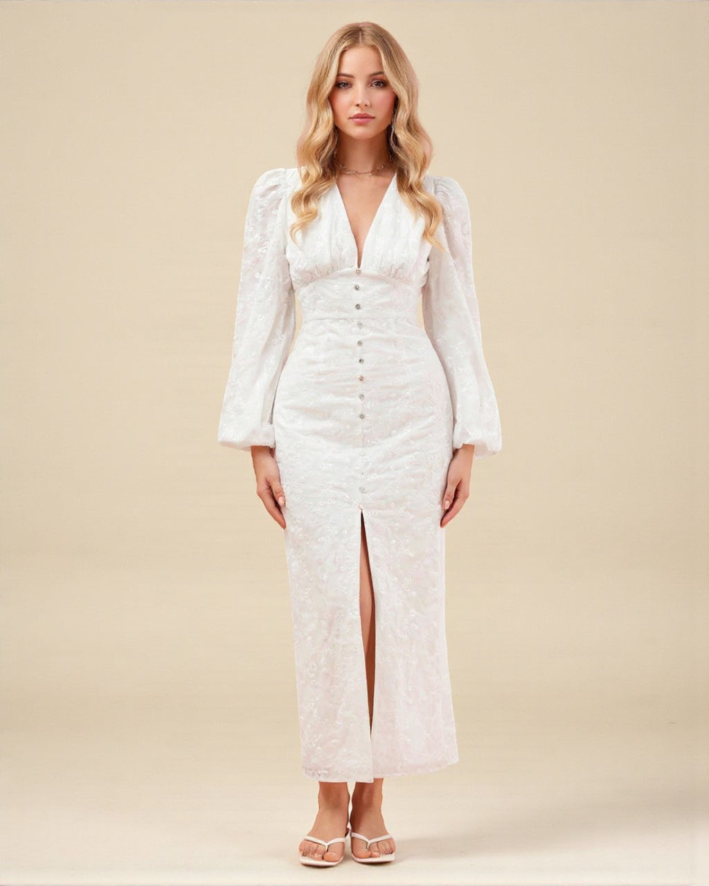 Long Sleeve Floral Embroidered Midi Dress - White