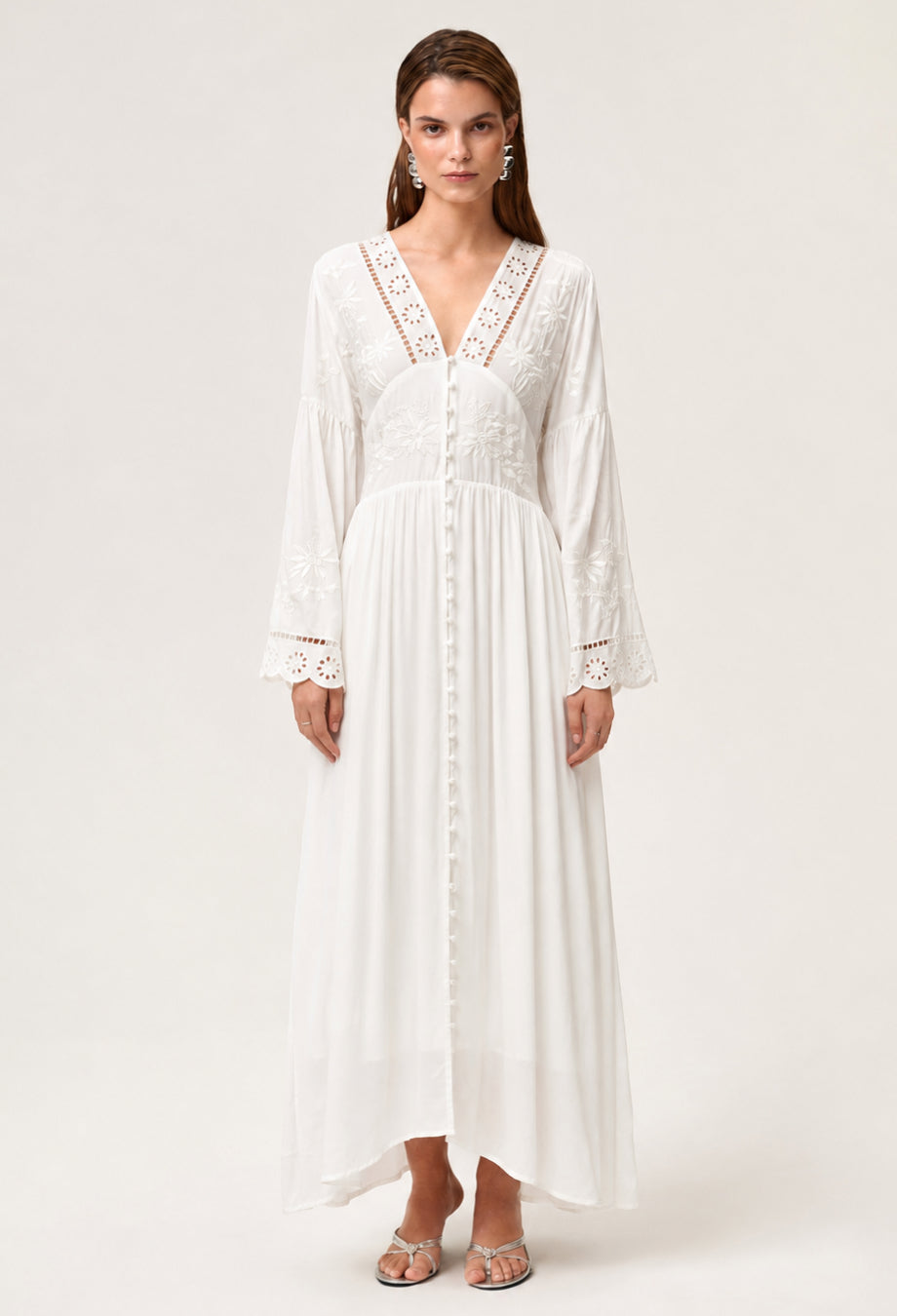 White Long Sleeve Floral Embroidered Midi Dress