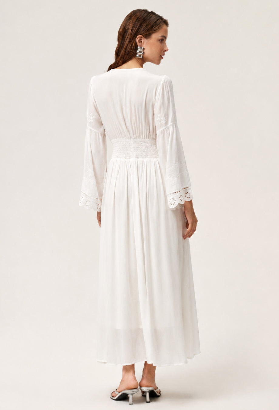 White Long Sleeve Floral Embroidered Midi Dress