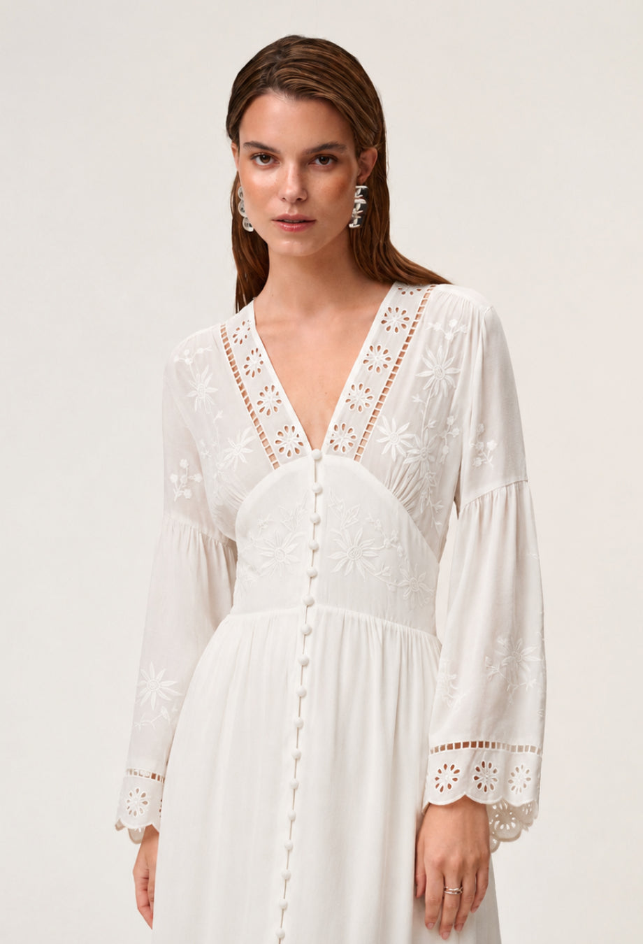 White Long Sleeve Floral Embroidered Midi Dress