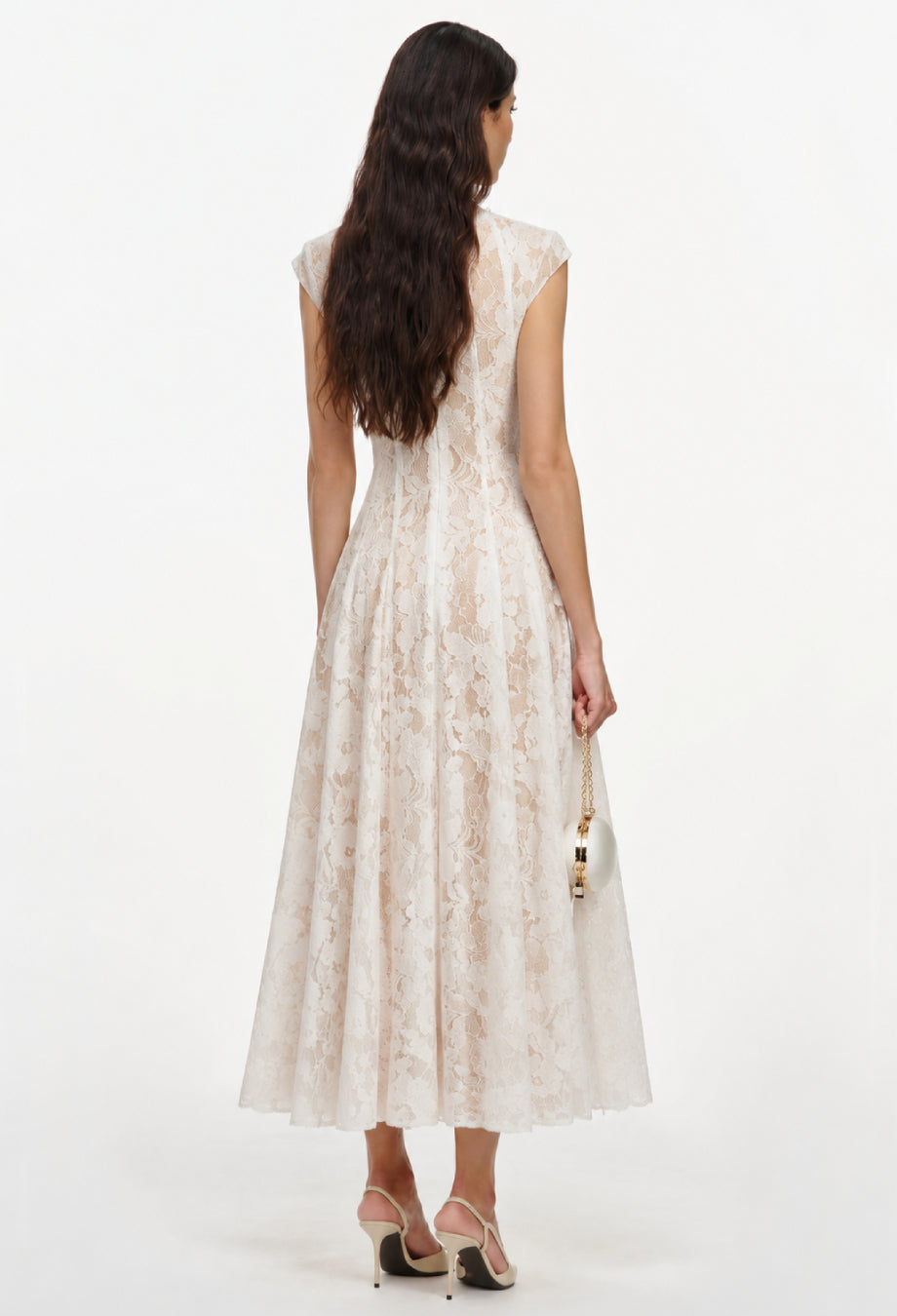 White Floral Lace Midi Dress with Cap Sleeves, boho lace wedding dress​, lace dress for women