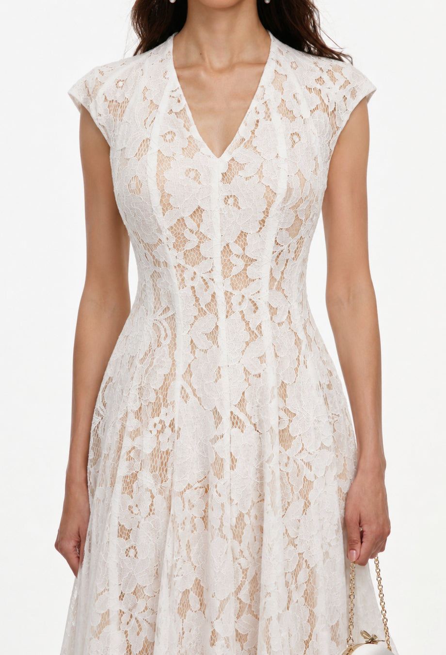 White Floral Lace Midi Dress with Cap Sleeves, boho lace wedding dress​, lace dress for women