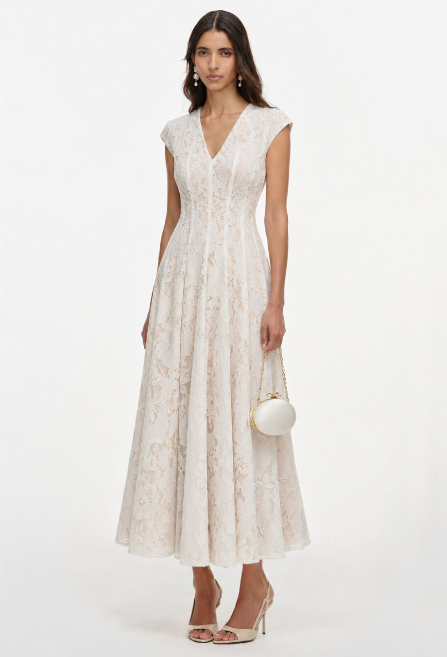 White Floral Lace Midi Dress with Cap Sleeves, white lace midi dress, lace wedding dress, white lace dress​