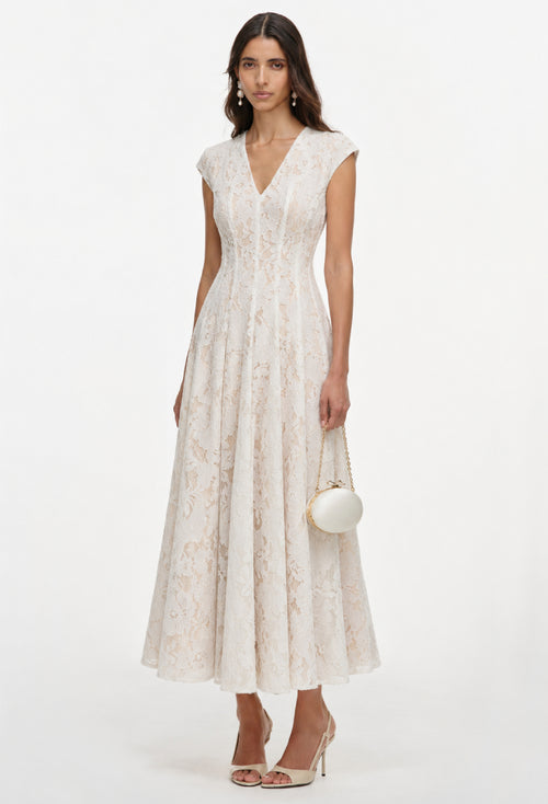 lace for dresses White Floral Midi Dress with Cap Sleeves Weddings Grommet Belt Together they create a Tall Occasion Dresses | Color:Blue-MNC661