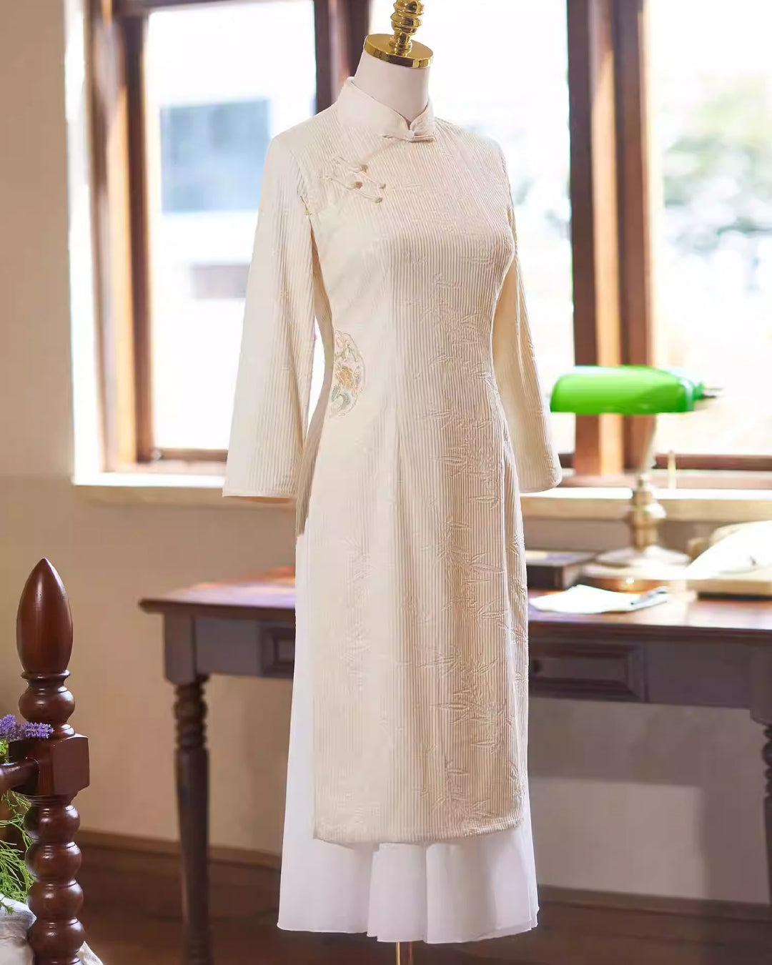 Loula Modernized Áo Dài Dress, Beige Vietnamese Dress, ao dai, ao dai vietnam