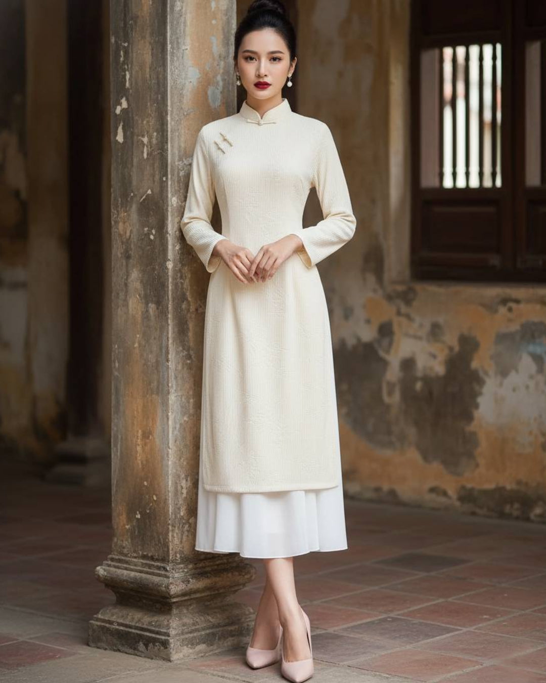 Loula Modernized Áo Dài Dress, Beige Vietnamese Dress, ao dai, ao dai vietnam