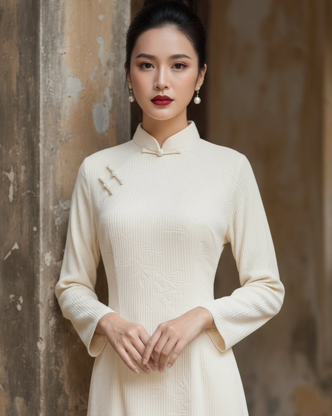 Loula Modernized Áo Dài Dress, Beige Vietnamese Dress, ao dai, ao dai vietnam