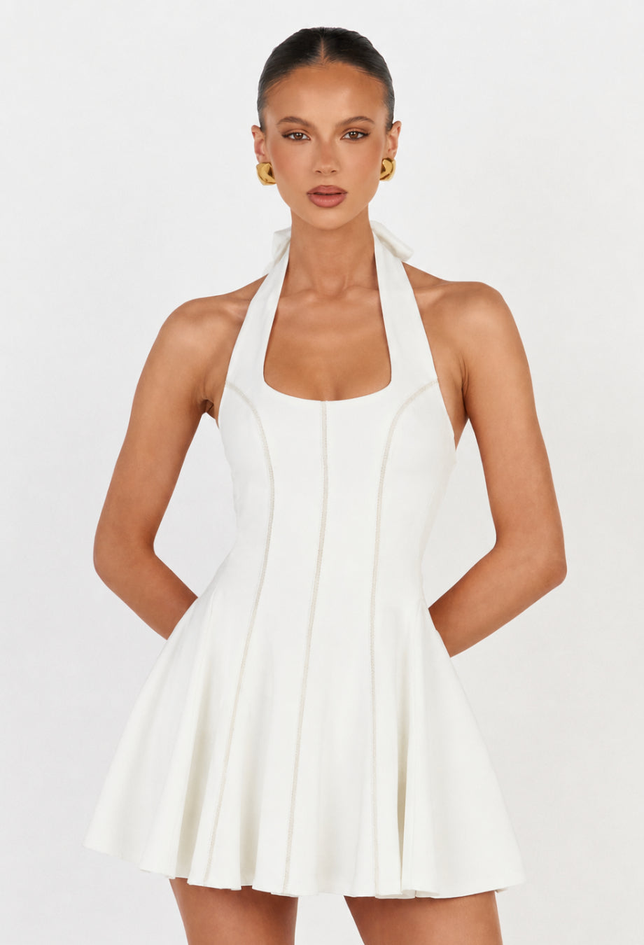 Loulette-White Halter Neck Bow Mini Dress for Graduation