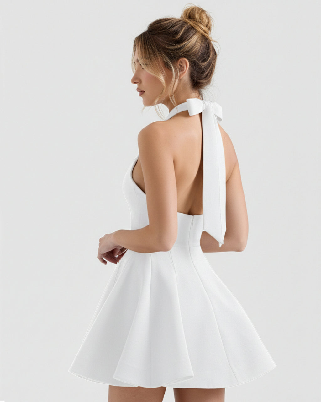 Loulette-White Halter Neck Bow Mini Dress, Graduation Mini Dress, house of cb mini dress