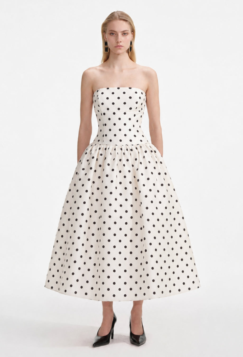 Lucia Polka Dot Midi Dress, midi polka dot dress​, black and white polka dot midi dress