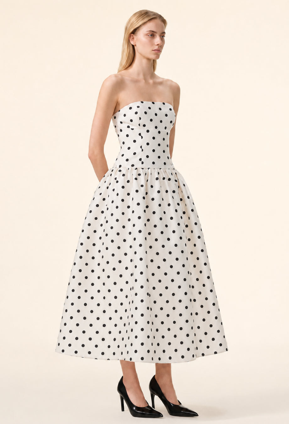 Lucia Strapless Polka Dot Midi Dress, long polka dot dress​, strapless polka dot dress