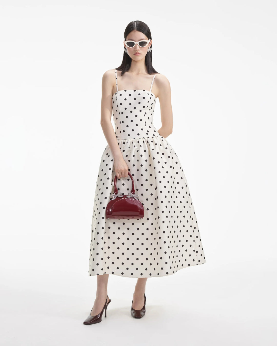 Lucia Strapless Polka Dot Midi Dress, black and white polka dot dress