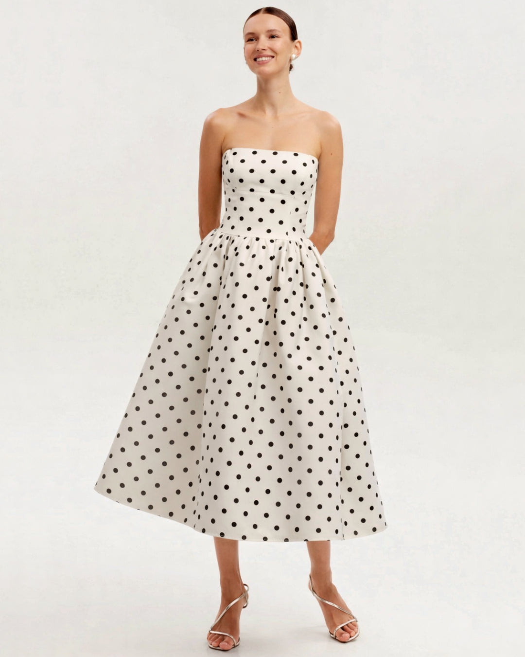 Lucia Strapless Polka Dot Midi Dress, polka dot dress​, zara polka dot dress​, black polka dot dress​
