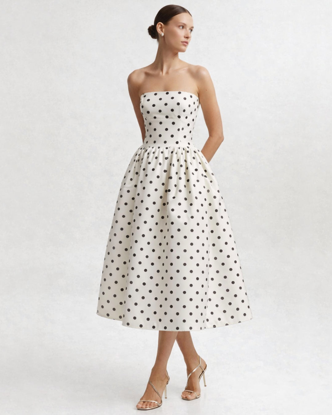 Lucia Strapless Polka Dot Midi Dress, white dress with black polka dots​