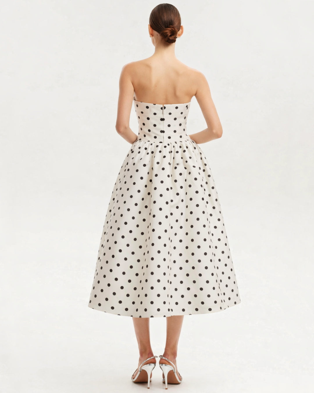 Lucia Strapless Polka Dot Midi Dress, black and white polka dot dress