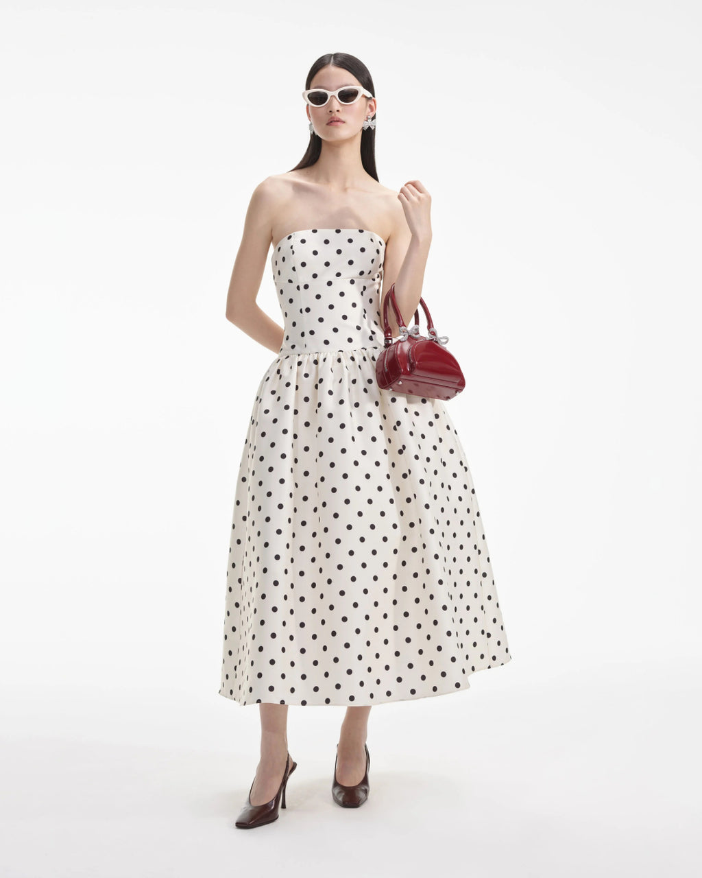 Lucia Strapless Polka Dot Midi Dress, polka dot dress​, zara polka dot dress​, black polka dot dress​