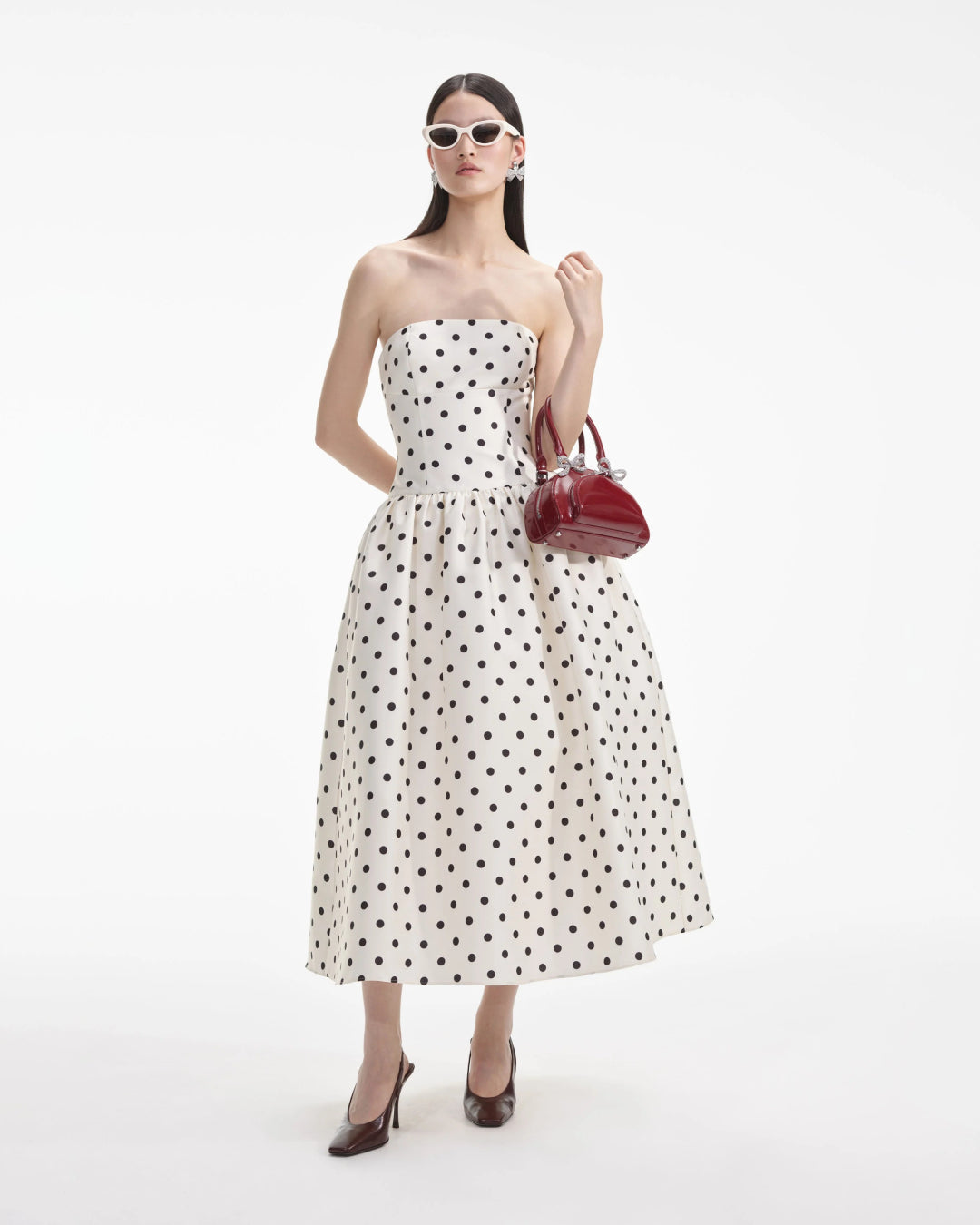 Lucia Strapless Polka Dot Midi Dress, polka dot dress​, zara polka dot dress​, black polka dot dress​