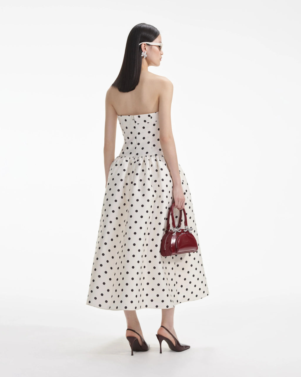 Lucia Strapless Polka Dot Midi Dress, black and white polka dot dress