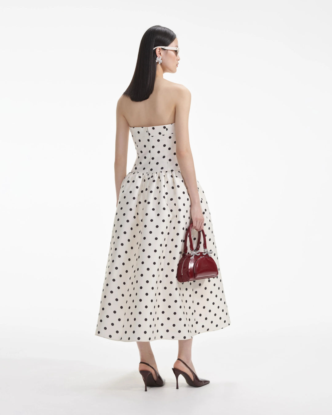 Lucia Strapless Polka Dot Midi Dress, black and white polka dot dress