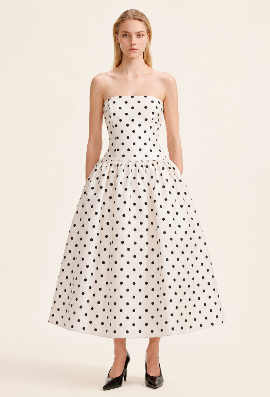 Lucia Strapless Polka Dot Midi Dress, midi polka dot dress​, strapless polka dot dress