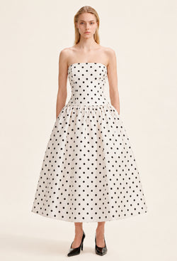 Lucia Strapless Polka Dot Midi Dress, midi polka dot dress​, strapless polka dot dress