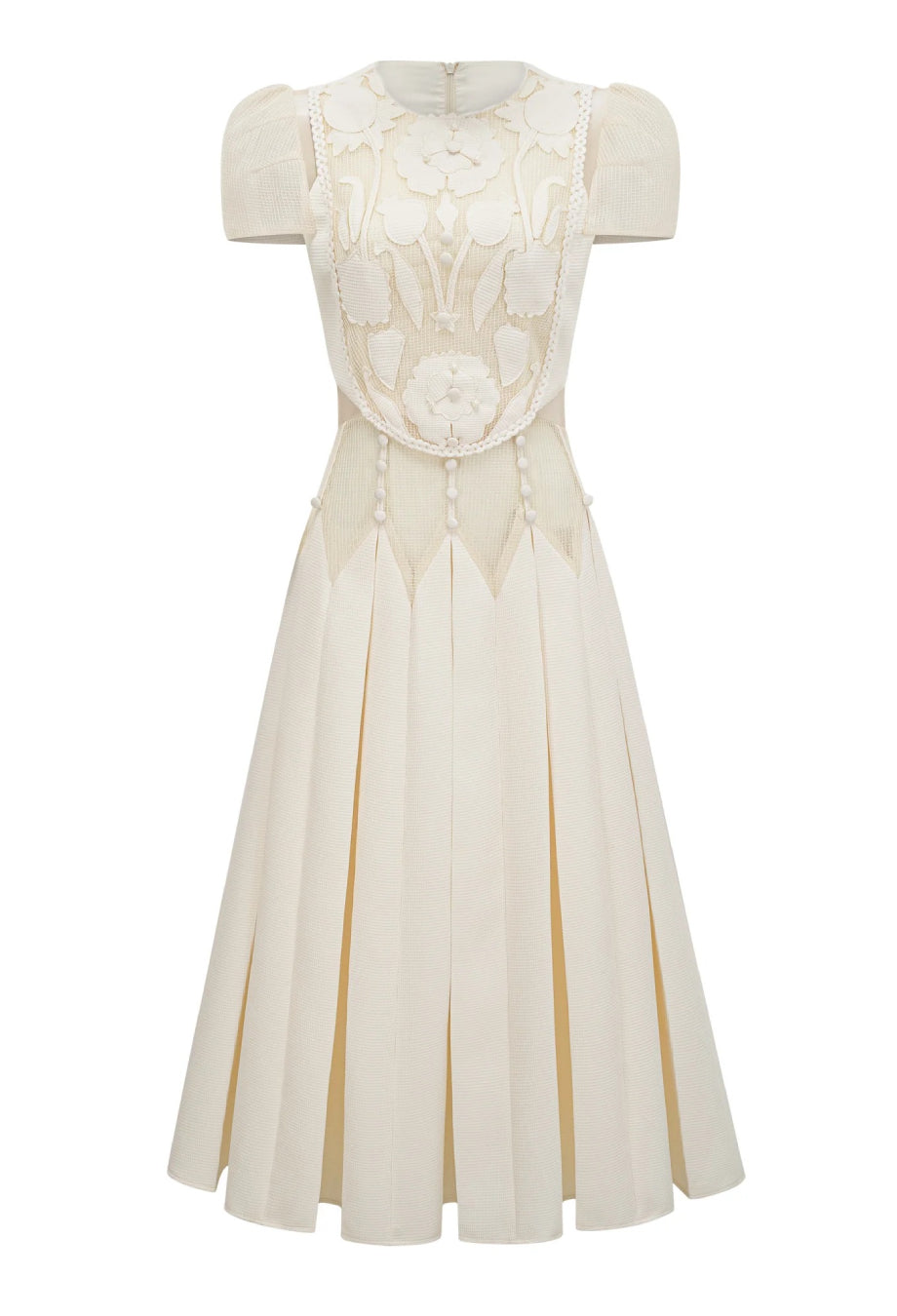 Lucienne 3D Floral Short Sleeve Midi Dress, white 3d floral dress​, dress 3d floral​, 3d floral dress with sleeves​