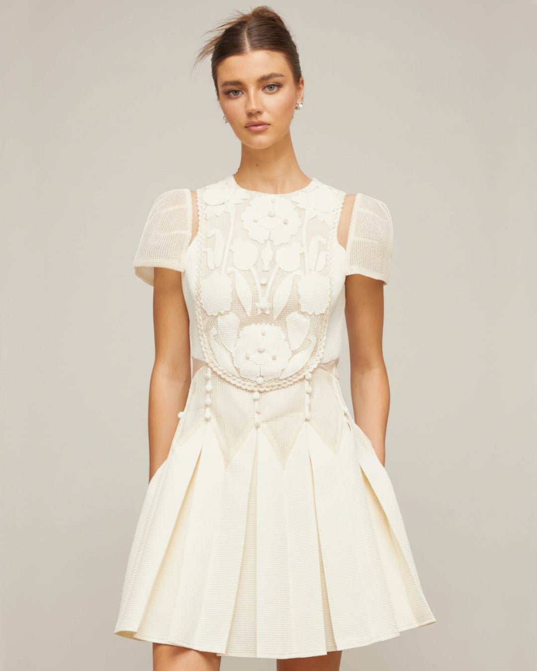 Lucienne Ivory Embroidered Floral Short-Sleeve Mini Dress, embroidered flower dress, embroidered lace dress white