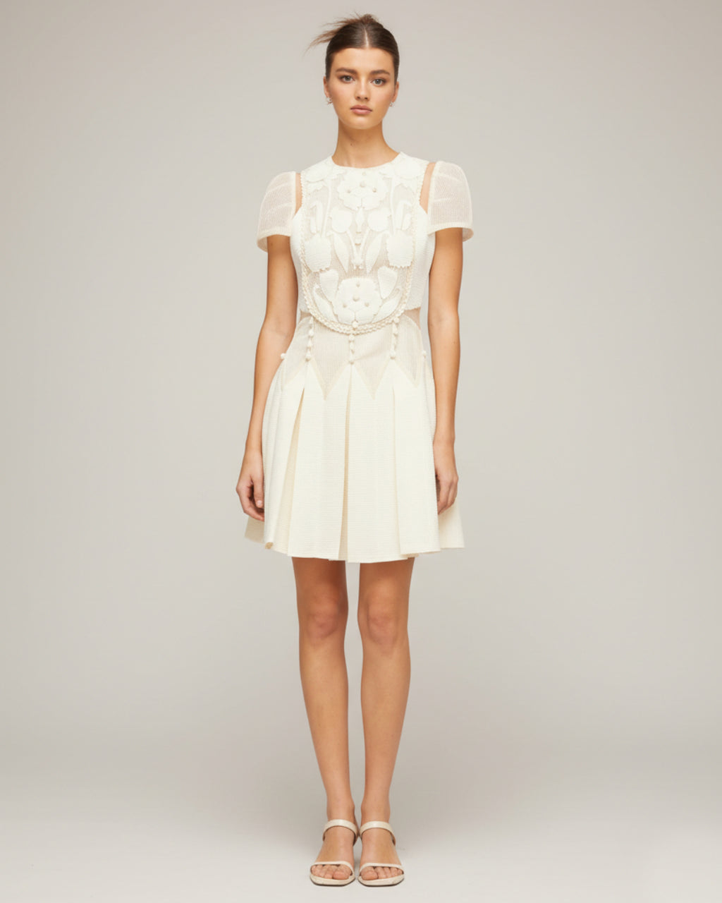 Lucienne Ivory Embroidered Floral Short-Sleeve Mini Dress, mesh floral embroidered dress, embroidered lace