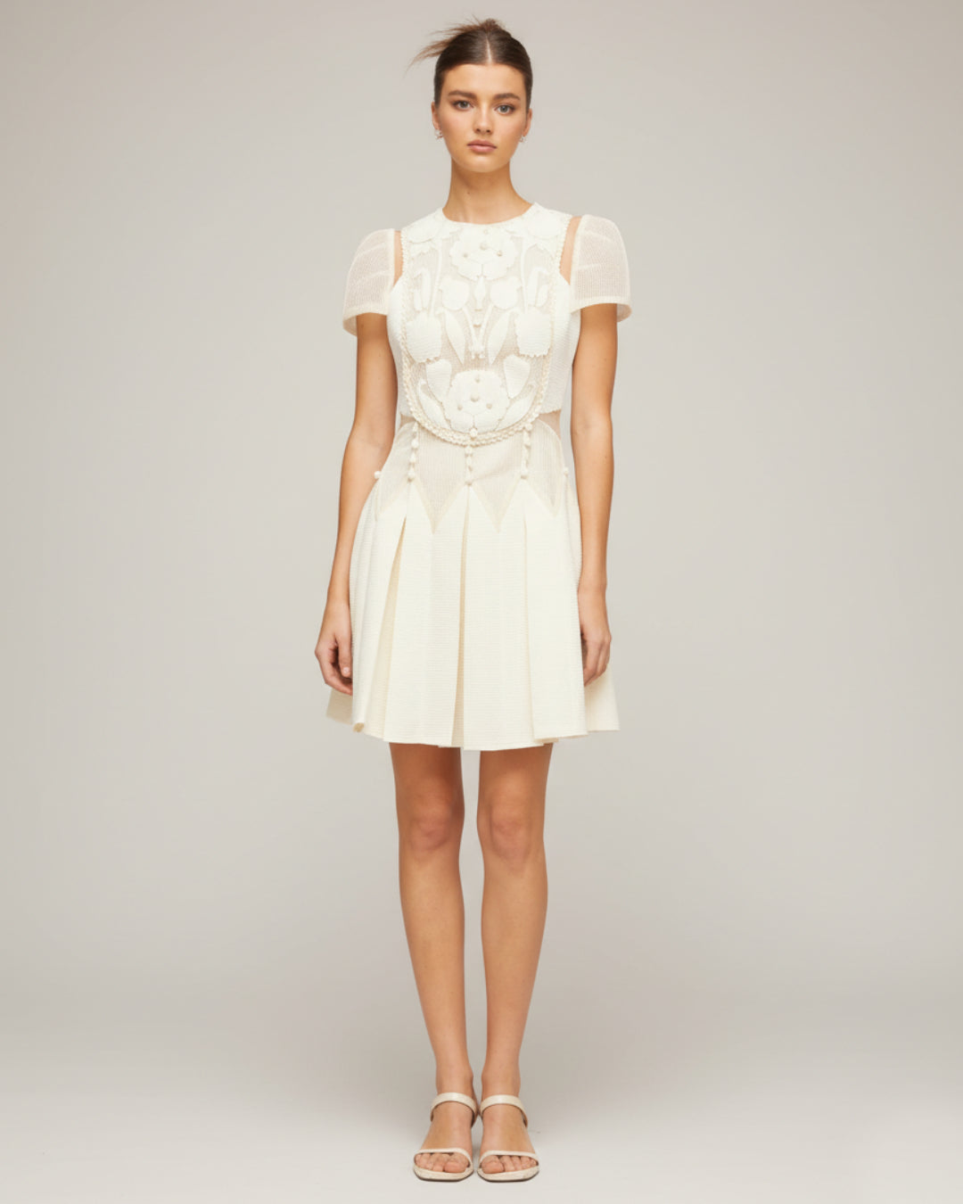 Lucienne Ivory Embroidered Floral Short-Sleeve Mini Dress, mesh floral embroidered dress, embroidered lace