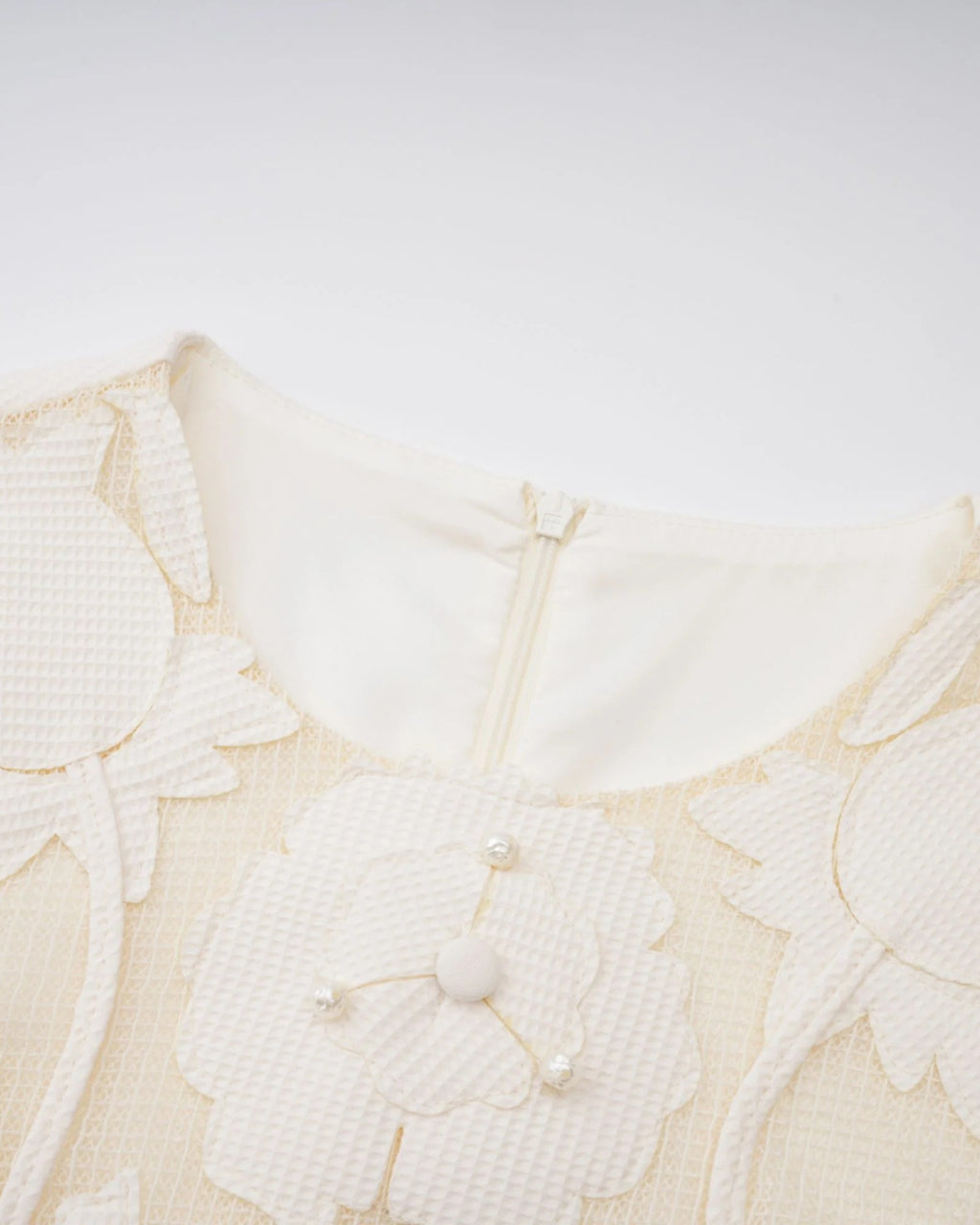 Lucienne Ivory Embroidered Floral Short-Sleeve Mini Dress, mesh overlay embroidered dress, embroidered mesh dress