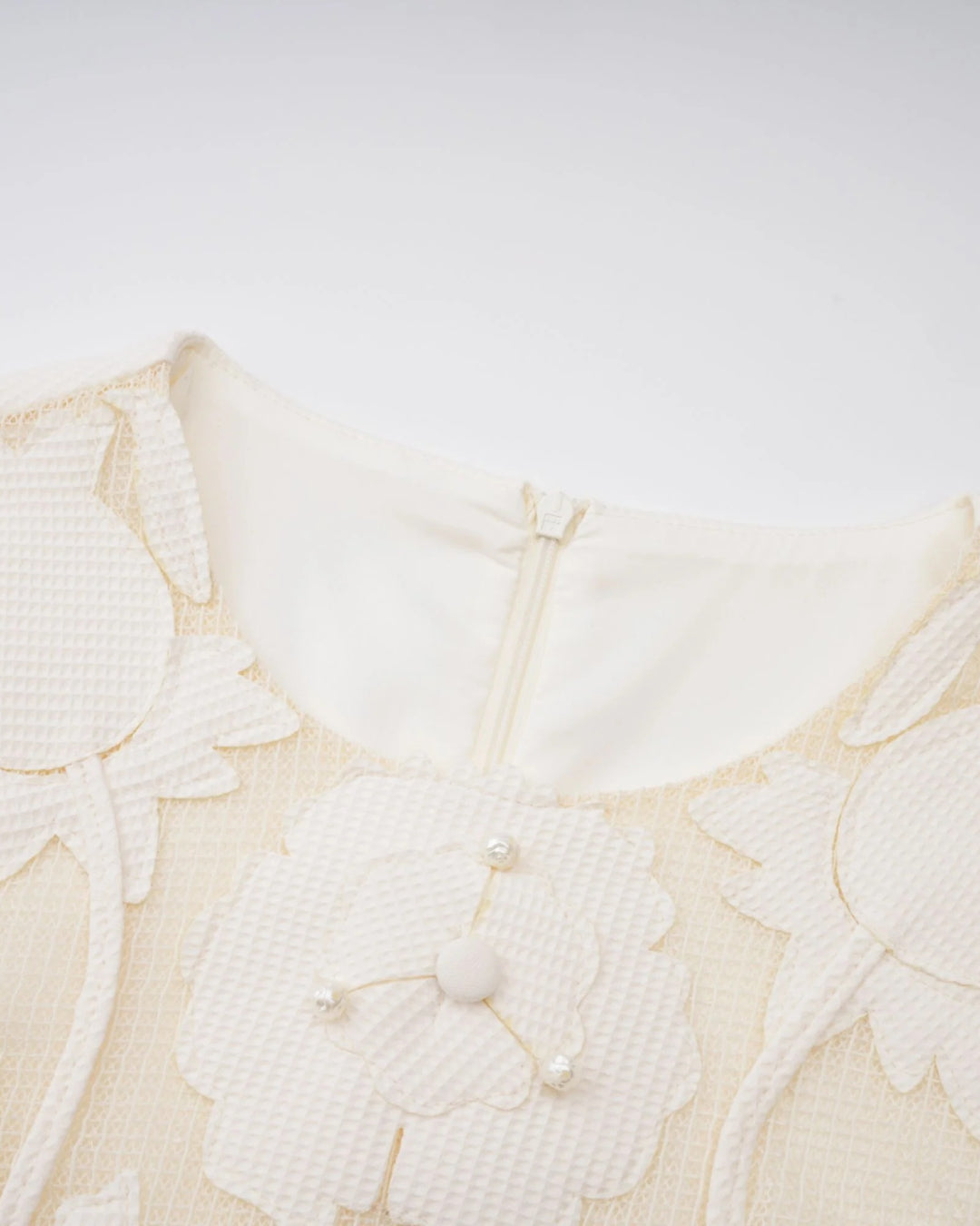 Lucienne Ivory Embroidered Floral Short-Sleeve Mini Dress, mesh overlay embroidered dress, embroidered mesh dress